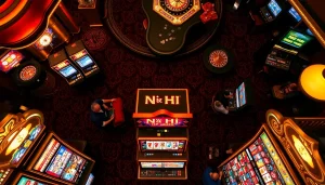Nổ Hũ players engaging with vibrant slot machines in an exciting casino atmosphere.