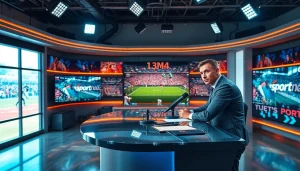 Engaging host at the sports broadcasting desk of https://sportnation.nz, surrounded by vibrant memorabilia.