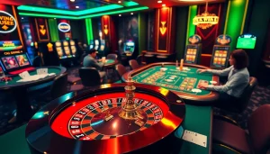 Capture the excitement of online gambling at OKVWIN with a vibrant casino scene featuring roulette and poker.