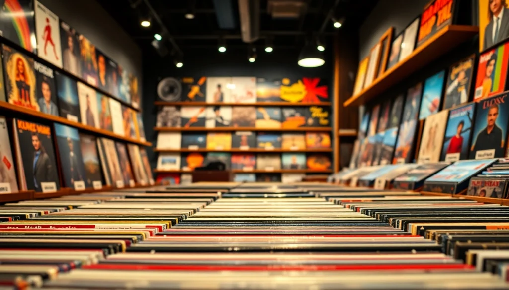 Browse lp records in a vibrant display at a modern record shop featuring diverse genres.