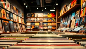 Browse lp records in a vibrant display at a modern record shop featuring diverse genres.