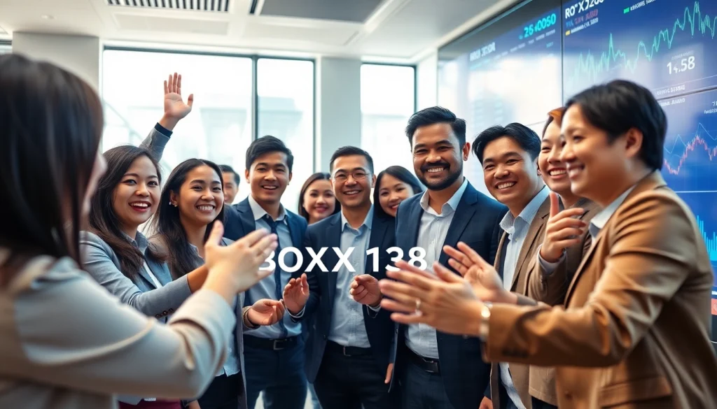 Successful financial team celebration after BOX138 withdrawal of Rp 2.424.000,00 in a modern office setting.