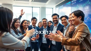 Successful financial team celebration after BOX138 withdrawal of Rp 2.424.000,00 in a modern office setting.