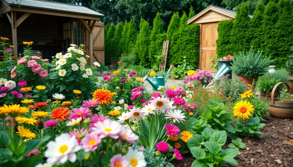 Gardening in a vibrant backyard with blooming flowers and lush greenery for inspiration.