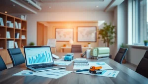 Księgowość dla firmy transportowej, przedstawiająca profesjonalne biuro z narzędziami księgowymi i elementami związanymi z transportem.