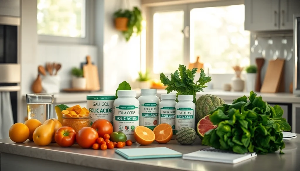 新鮮な食材が並ぶモダンなキッチンでの葉酸サプリの鮮やかなディスプレイ（葉酸サプリ）