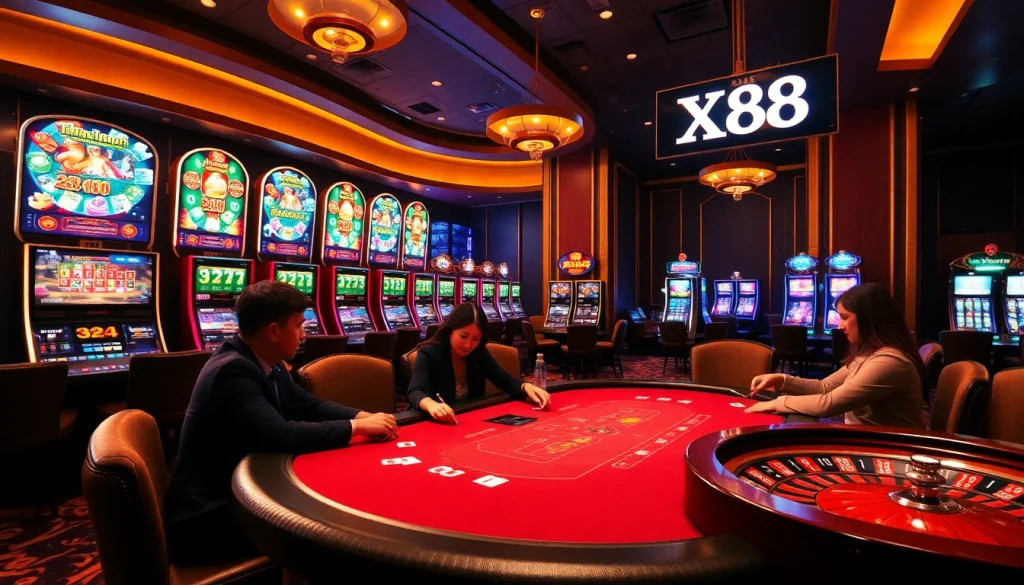 Experience high-stakes action at XN 88 casino with vibrant slot machines and an exciting poker table.