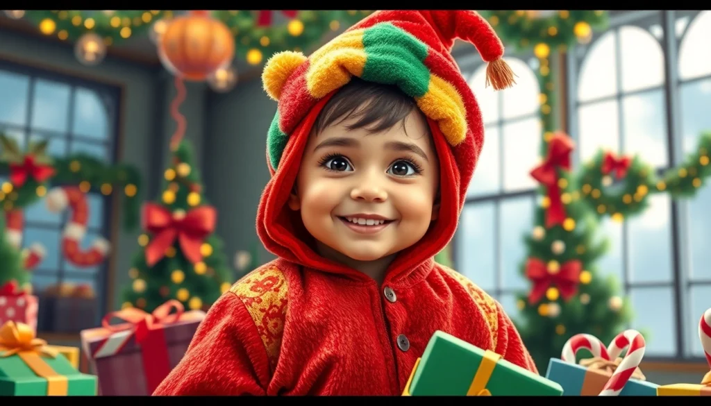 Kind in een kleurrijk pietenpak danst in een feestelijke omgeving vol decoraties.