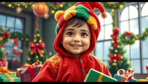 Kind in een kleurrijk pietenpak danst in een feestelijke omgeving vol decoraties.