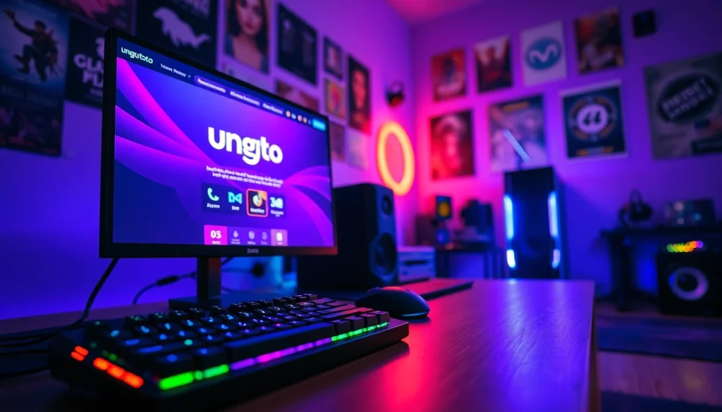 Menggambarkan pengalaman bermain ungu toto dengan setup gaming futuristik berwarna ungu.