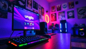 Menggambarkan pengalaman bermain ungu toto dengan setup gaming futuristik berwarna ungu.
