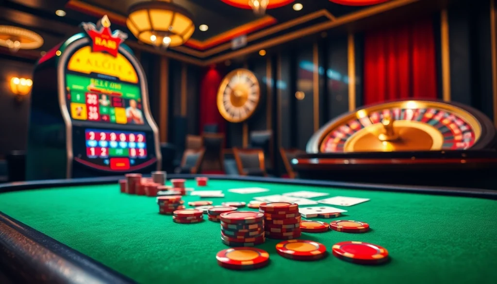 Experience the excitement of HB 88 with vibrant poker chips and slot machines at a luxurious casino table.