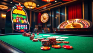 Experience the excitement of HB 88 with vibrant poker chips and slot machines at a luxurious casino table.