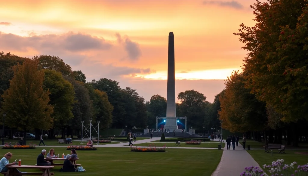 Coventry's War Memorial Park at sunset, highlighting the War Memorial monument and autumn foliage - https://coventryhub.co.uk/war-memorial-park/.