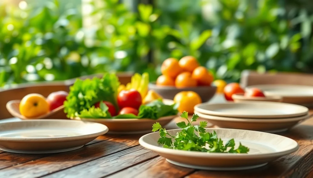 Display of eco friendly disposable plates with fresh food highlighting their sustainable attributes.