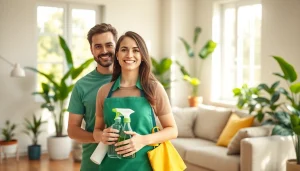 Cleaners from https://www.ecocleanellies.com providing eco-friendly cleaning services in a bright home.