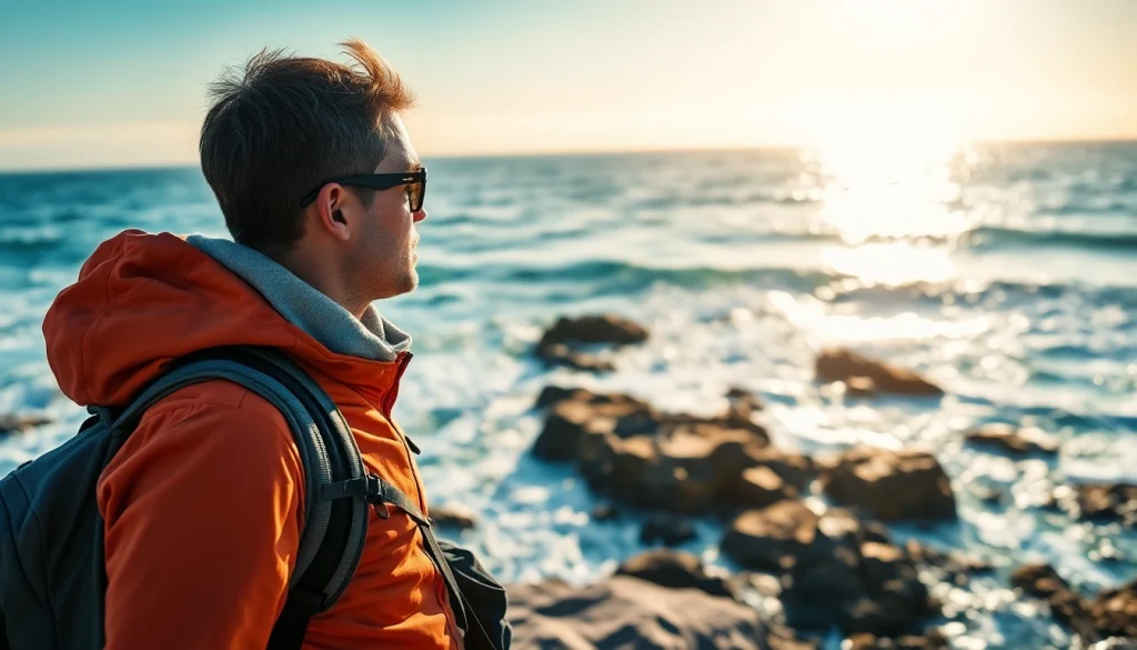 datanisle.com에서 여행을 떠나는 여행자의 고요한 모습과 바다의 아름다운 풍경을 담은 이미지