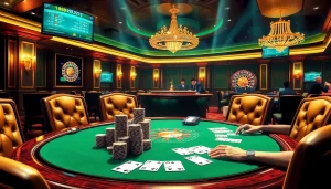 w88 213 players enjoying a high-stakes poker game in a luxurious casino atmosphere.