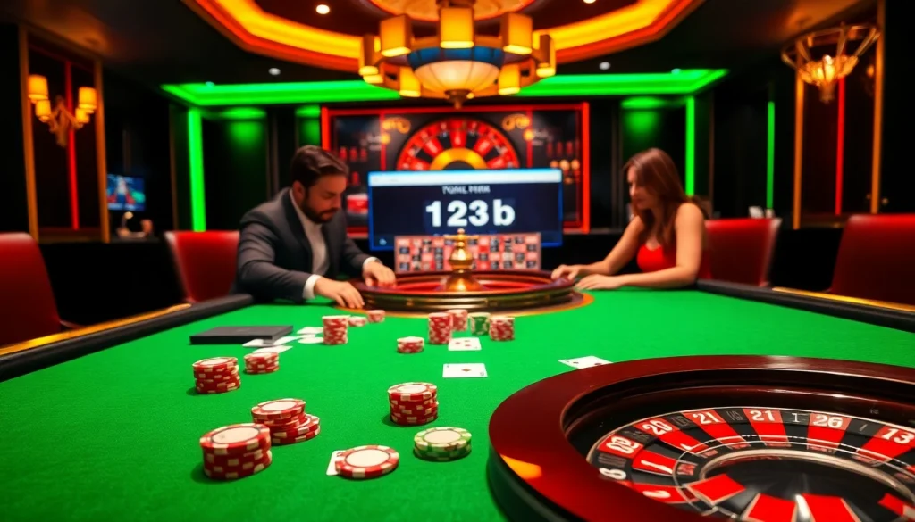 Exciting gamblers playing 123b casino games at a luxurious gaming table with poker chips and cards.
