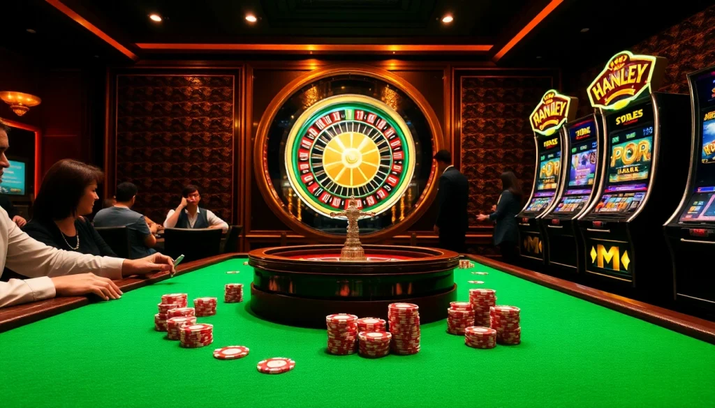 Experience the excitement of MM88 with players at a lively casino table surrounded by vibrant gaming elements.