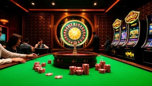 Experience the excitement of MM88 with players at a lively casino table surrounded by vibrant gaming elements.