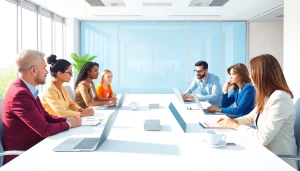 Business meeting illustrating diverse professionals collaborating in a modern office.