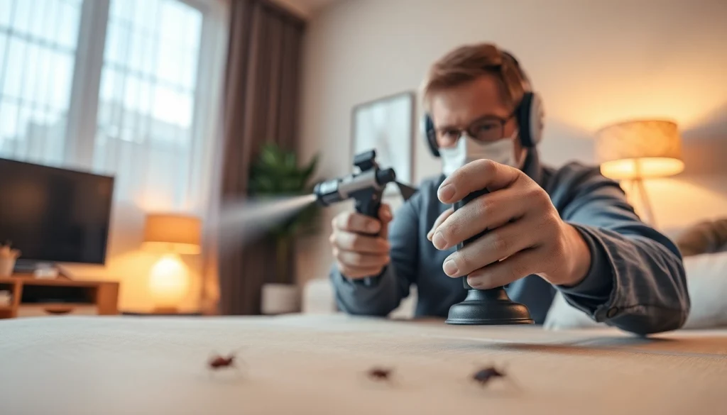 Exterminator applying treatment from https://affordablebedbugexterminators.com in a modern apartment environment.