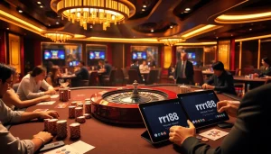 Experience the thrill of rr88 as players engage in an exciting casino environment featuring poker tables and roulette wheels.