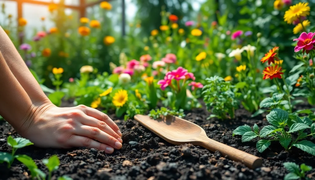 Gardening hands planting seeds in rich soil amidst a colorful garden scene.