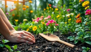 Gardening hands planting seeds in rich soil amidst a colorful garden scene.