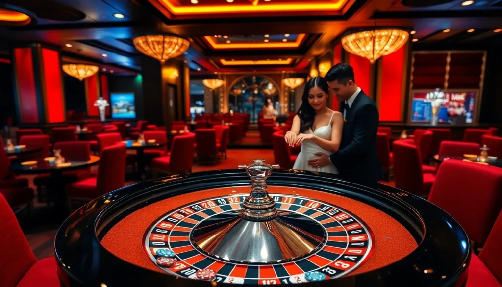 Elegant couple showcasing 對戒 amidst vibrant poker chips and a luxurious casino backdrop.