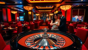 Elegant couple showcasing 對戒 amidst vibrant poker chips and a luxurious casino backdrop.