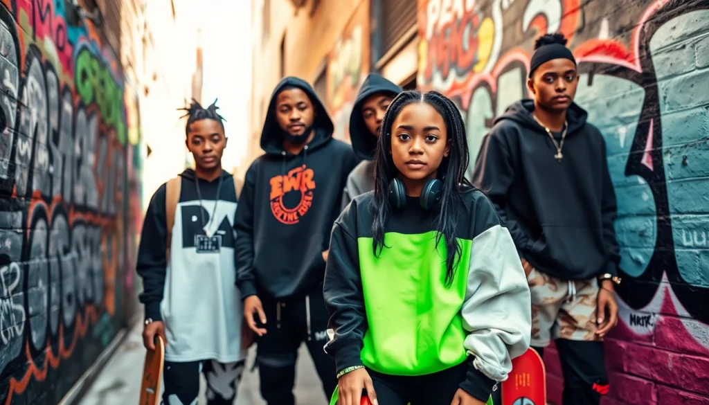 Streetwear culture brand youth showcasing bold outfits in vibrant urban setting.