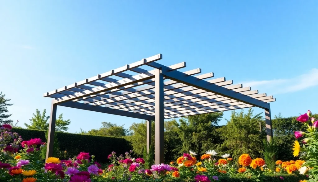 Admire a modern steel pergola surrounded by vibrant flowers, showcasing elegance and durability.