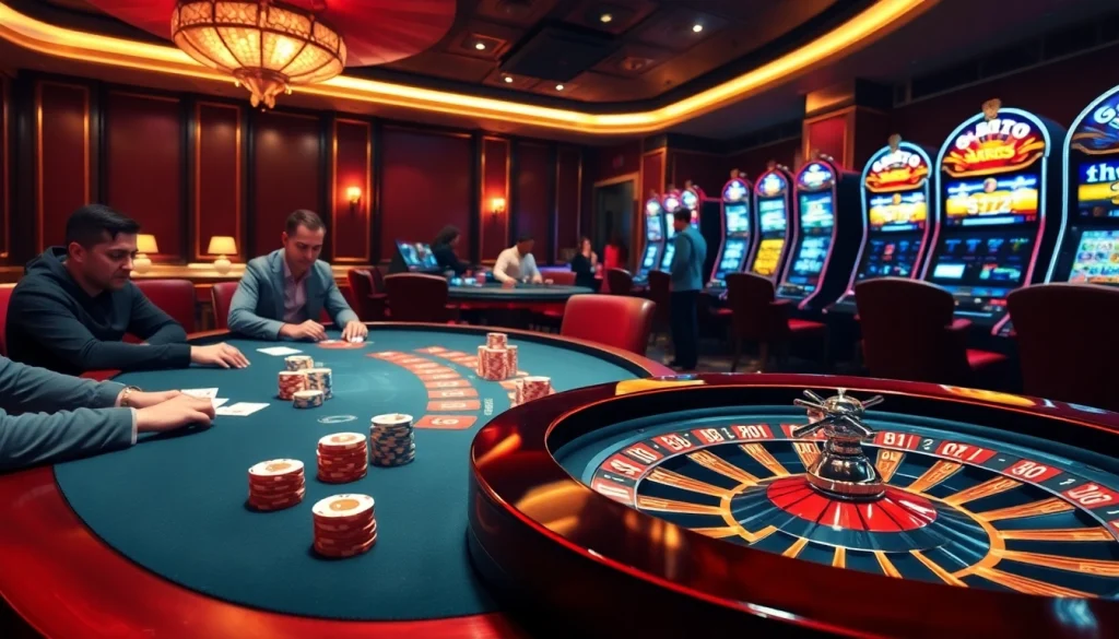 Players enjoying thrilling moments at Thabet's vibrant gambling tables.