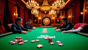 u888bet players engaged in an intense game at a luxurious casino poker table.
