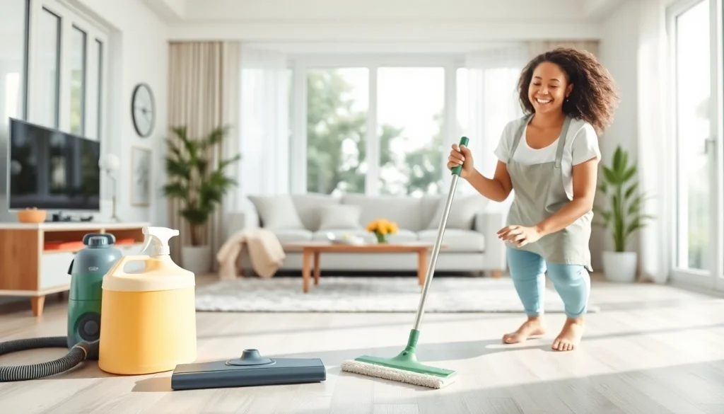 Cleaner providing efficient cleaning service in a bright, welcoming home environment.