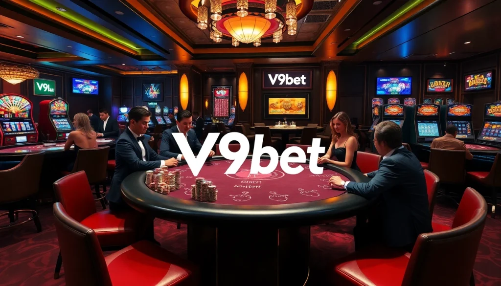Experience high-stakes gaming action at V9bet with players engaged at a lavish casino table.