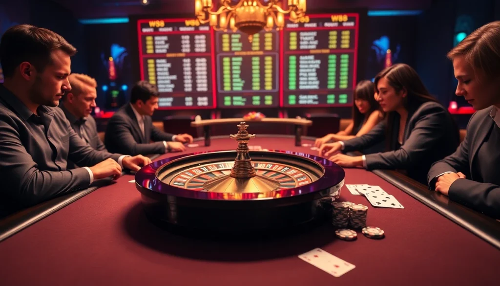 A thrilling casino atmosphere at W88 with intense poker players and an elegant roulette table.