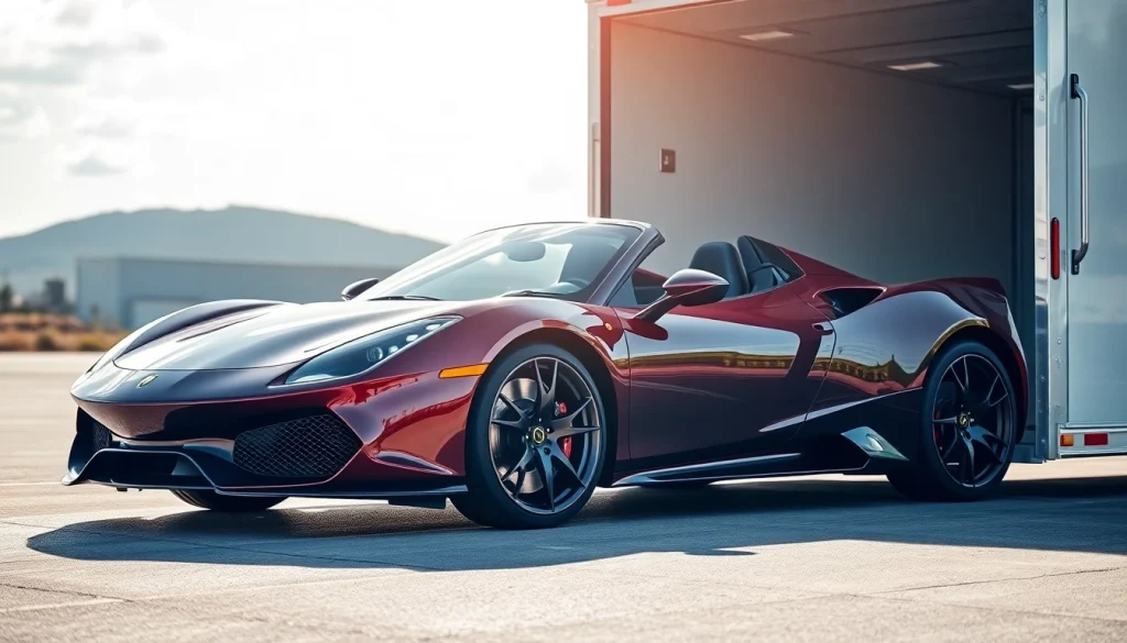 Transporting a luxury car with care at https://luxuryautocarriers.com, showcasing secure loading onto an enclosed trailer.