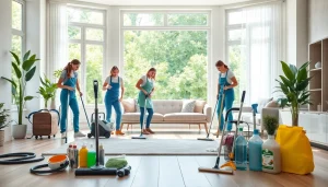 Cleaning service team tidying a bright living room, showcasing professionalism and care.