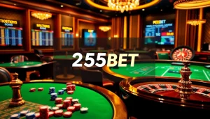 Exciting 255BET gambling scene with casino tables, poker chips, and roulette wheel highlighting luxury.