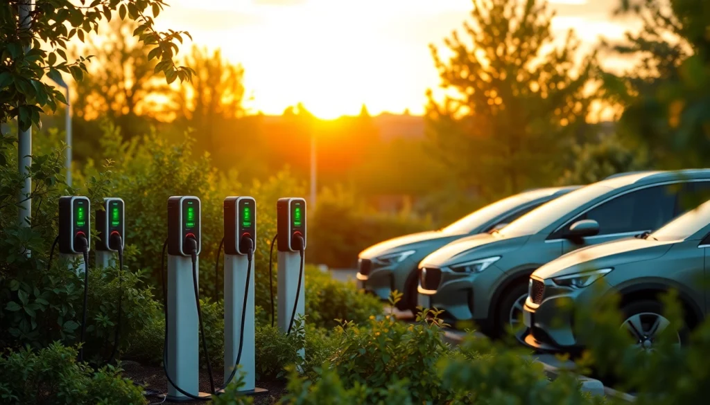 Engaging EV charging news visual depicting a bustling charging station with modern vehicles