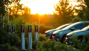 Engaging EV charging news visual depicting a bustling charging station with modern vehicles