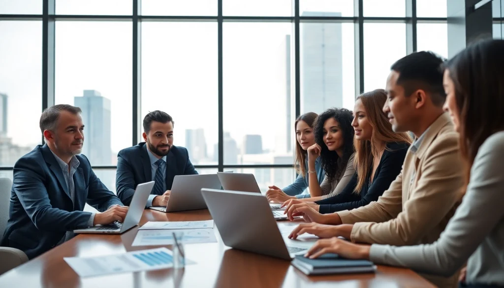Collaborative business meeting in a modern office with diverse team members discussing strategies.