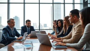 Collaborative business meeting in a modern office with diverse team members discussing strategies.