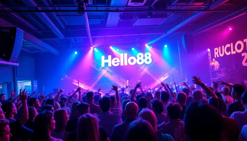 Hello88 vibrant music event atmosphere with a diverse crowd enjoying live performances and colorful lights.