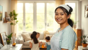Filipino maid joyfully interacting with children in a warm, homely environment.