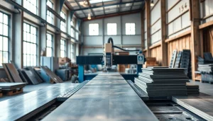 Precision plate cutting process showcasing high-tech machinery in a bright workshop.