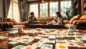 Permainan mahjong di meja yang dihiasi dengan ubin dan suasana hangat, menunjukkan pengalaman bermain yang menyenangkan.